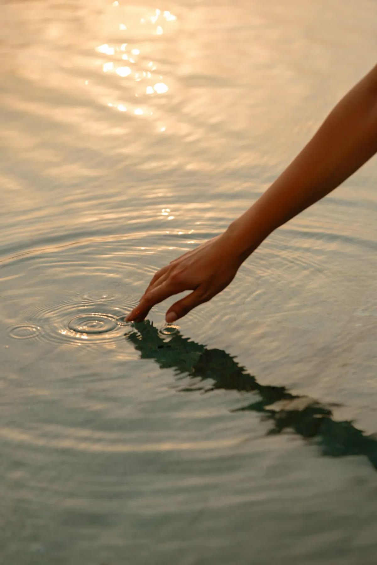 A hand touching still water at golden hour, sending out soft ripples.