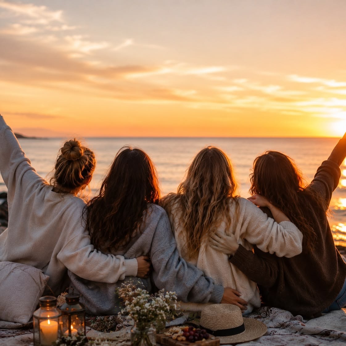 Women gathered together at sunset by the ocean