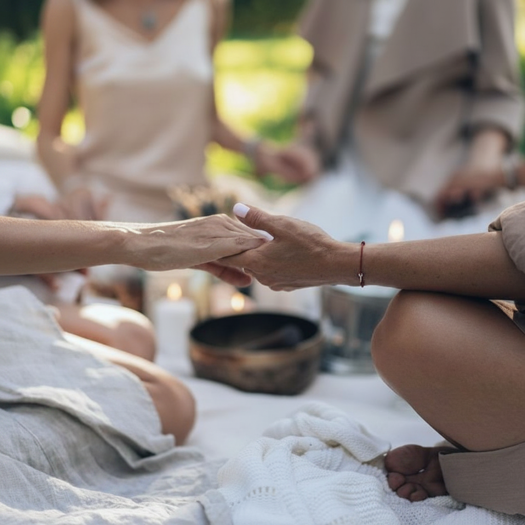 Women in soft neutral linens sitting in a circle, hands joined over candles and a singing bowl